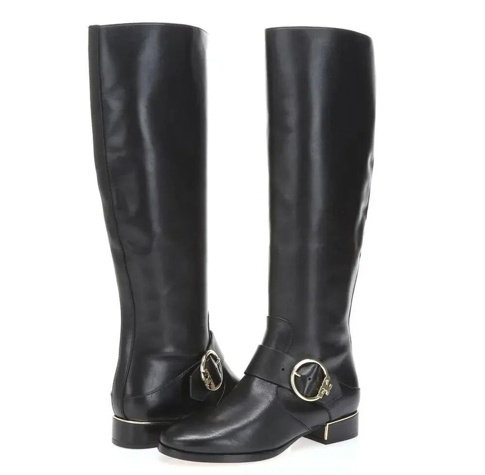 Tory Burch Sophia Black Leather Tall Riding Side Zip Boots 7M Gold Accents Logo